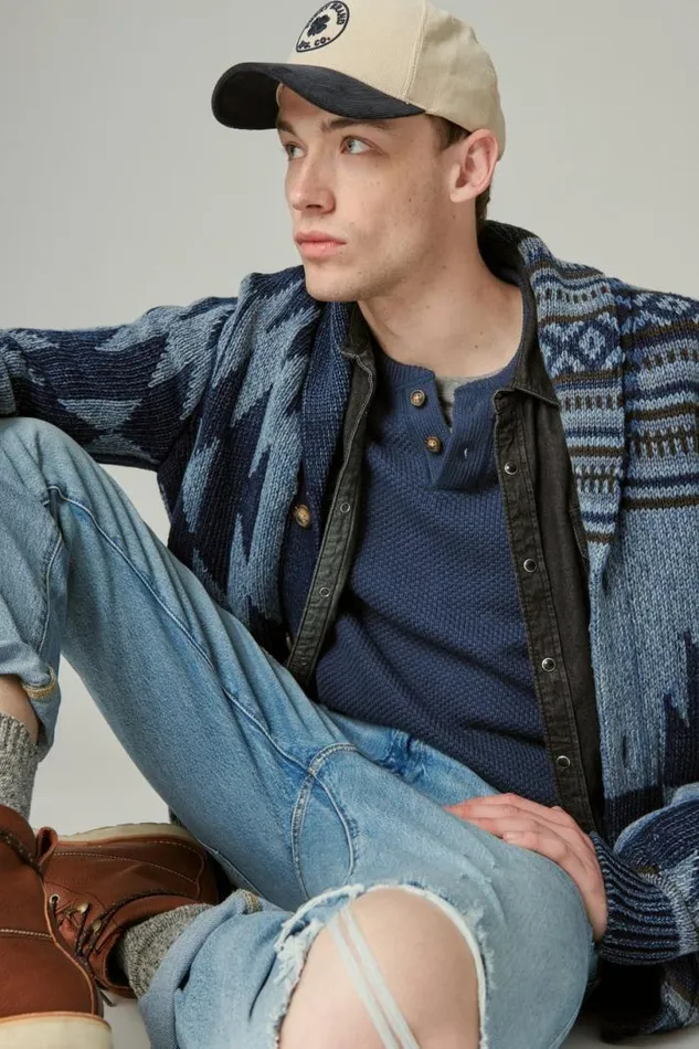Men Lucky Brand Sweaters Cloud Soft Henley Sweater Dark Denim