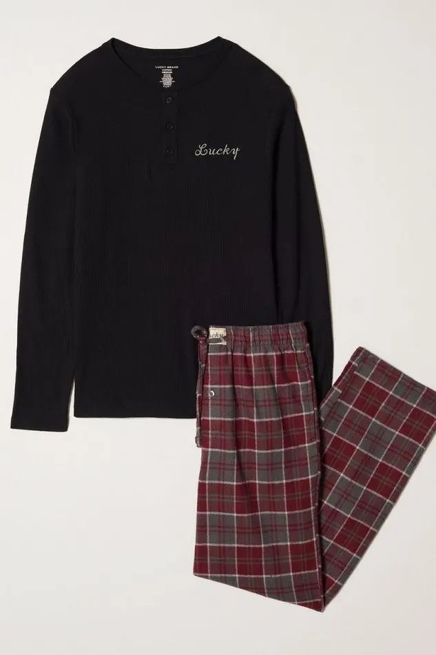 Men Lucky Brand Underwear and Sleepwear Ls Thermal Henley and Flannel Pant Giftset Multi