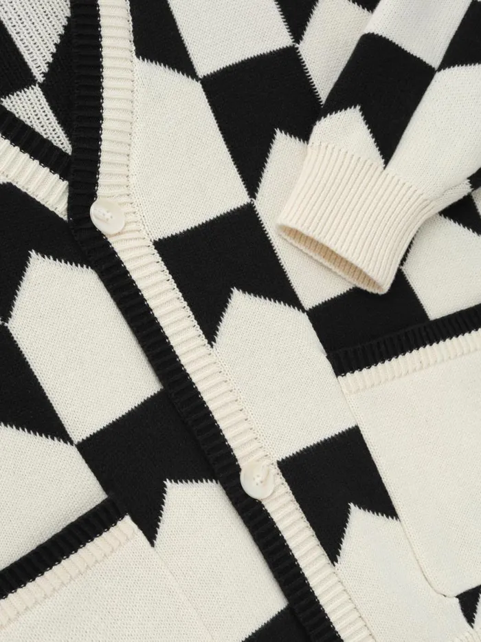 Men Rhude Luxe Knitwear CHEVRON CHECKERED KNIT CARDIGAN Blackcream