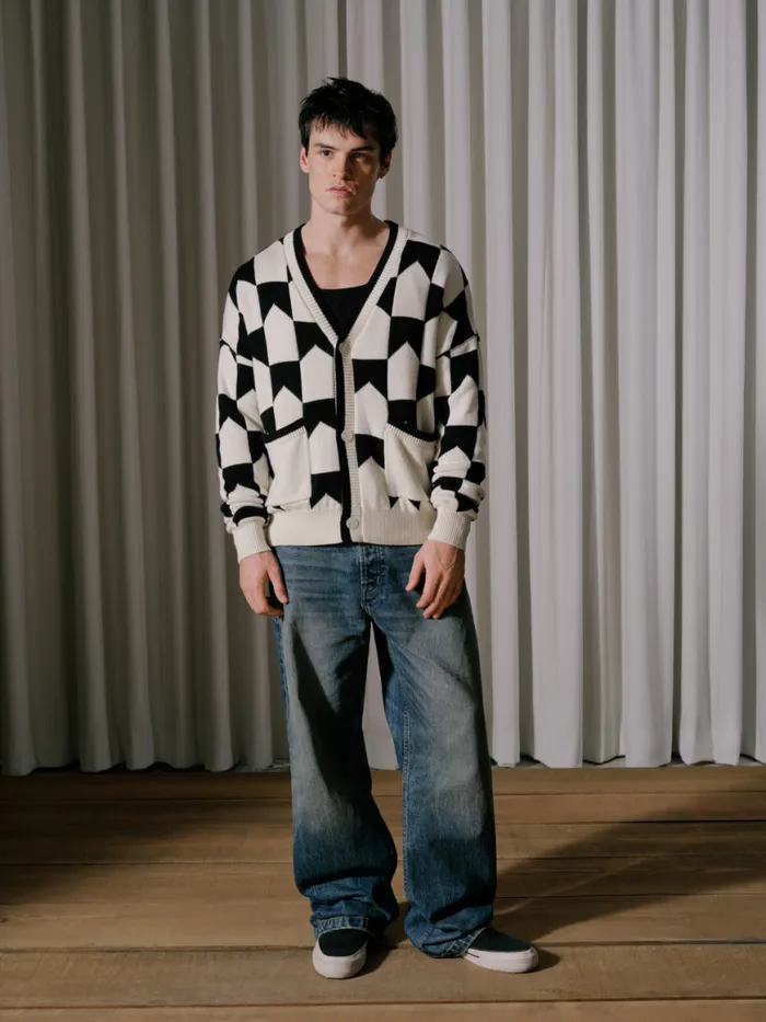 Men Rhude Luxe Knitwear CHEVRON CHECKERED KNIT CARDIGAN Blackcream