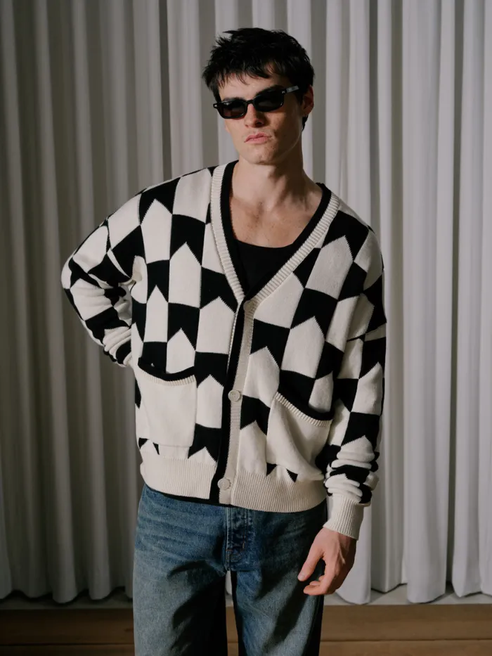 Men Rhude Luxe Knitwear CHEVRON CHECKERED KNIT CARDIGAN Blackcream