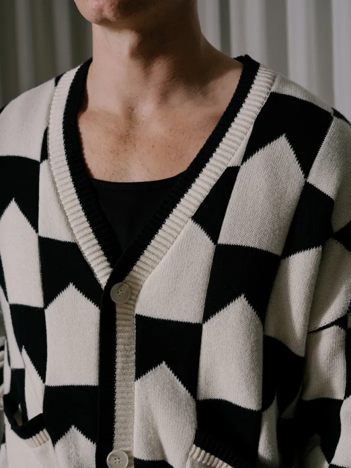 Men Rhude Luxe Knitwear CHEVRON CHECKERED KNIT CARDIGAN Blackcream