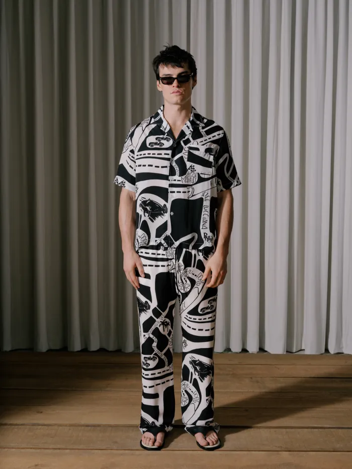 Men Rhude Shirts STRADA SILK SHIRT Blackwhite