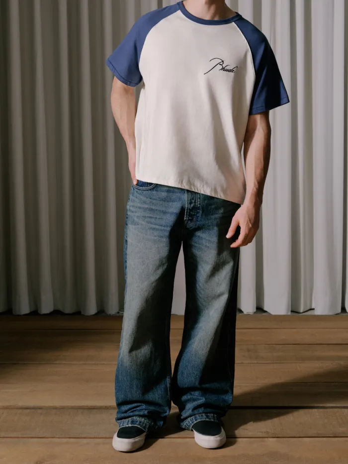 Men Rhude Tees RAGLAN LOGO TEE Vtg White Vtg Midnight Blue Men Rhude Tees RAGLAN LOGO TEE Vtg White Vtg Midnight Blue