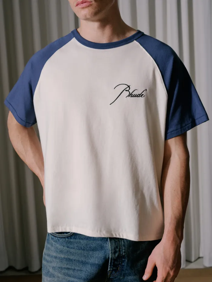 Men Rhude Tees RAGLAN LOGO TEE Vtg White Vtg Midnight Blue Men Rhude Tees RAGLAN LOGO TEE Vtg White Vtg Midnight Blue