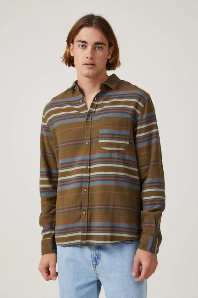 Men Shirts and Polos Cotton On Camden Long Sleeve Shirt Army Stripe