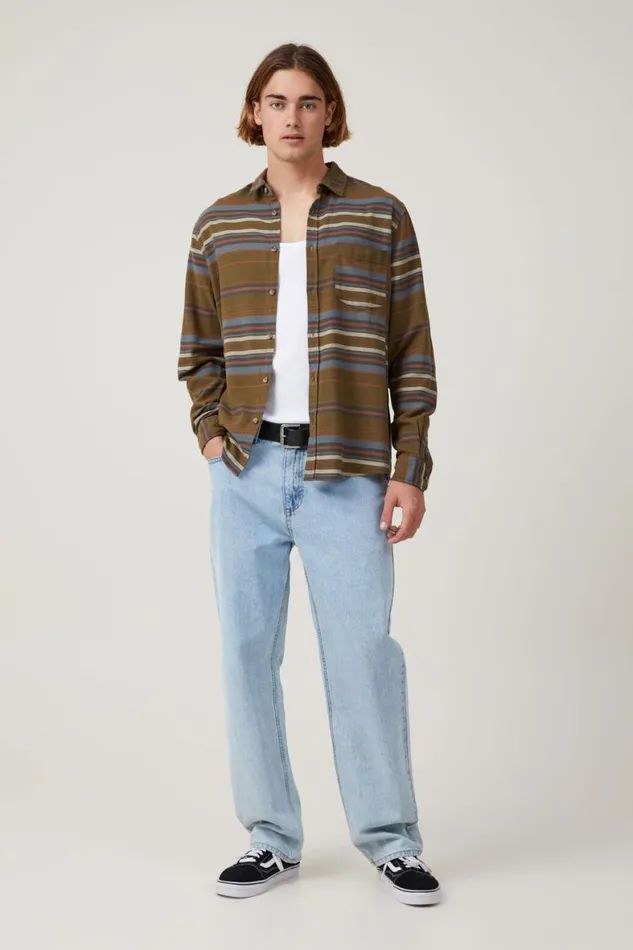 Men Shirts and Polos Cotton On Camden Long Sleeve Shirt Army Stripe
