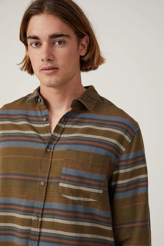Men Shirts and Polos Cotton On Camden Long Sleeve Shirt Army Stripe
