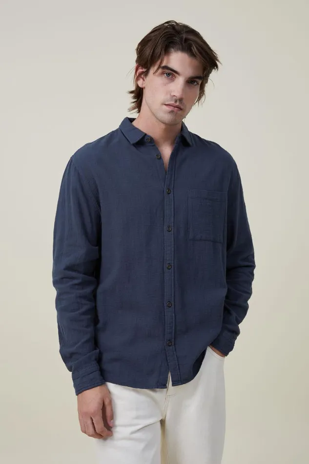Men Shirts and Polos Cotton On Portland Long Sleeve Shirt Deep Teal Cheesecloth