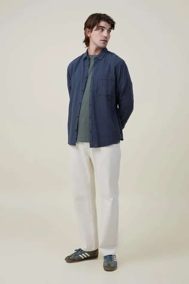 Men Shirts and Polos Cotton On Portland Long Sleeve Shirt Deep Teal Cheesecloth