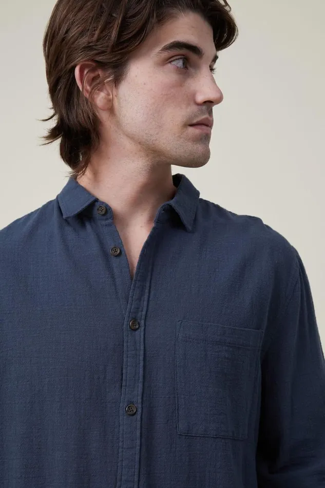 Men Shirts and Polos Cotton On Portland Long Sleeve Shirt Deep Teal Cheesecloth