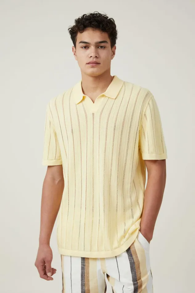 Men Shirts and Polos Cotton On Resort Short Sleeve Polo Summer Yellow Pointelle