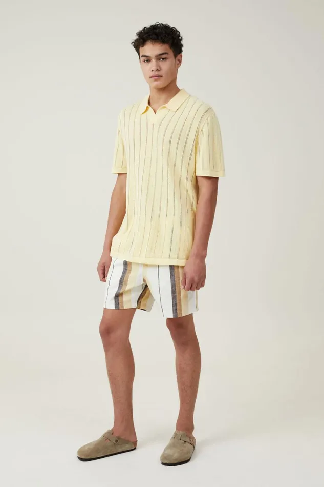 Men Shirts and Polos Cotton On Resort Short Sleeve Polo Summer Yellow Pointelle