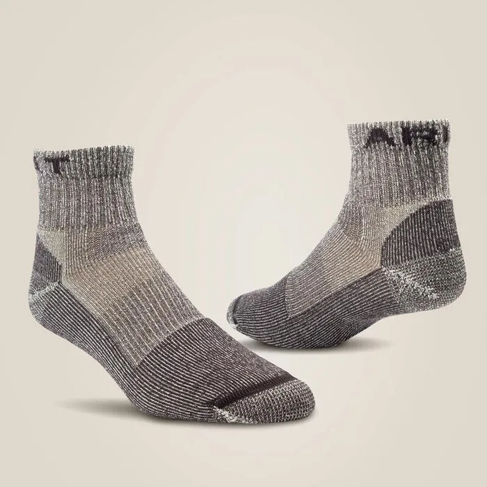 Men Socks Ariat Lightweight Merino Wool Blend Quarter Crew Steel Toe Work Sock 2 Pair Pack Brown