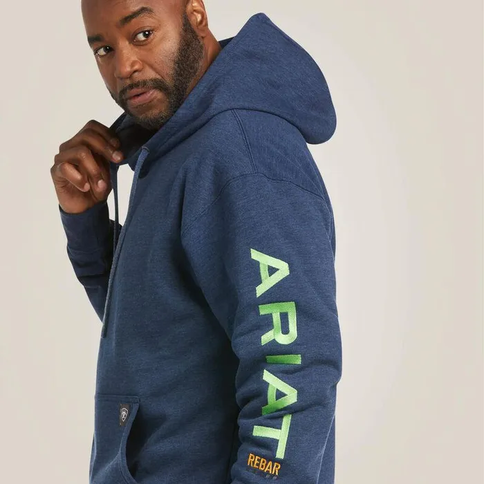 Men Sweatshirts and Hoodies Ariat Rebar Graphic Hoodie Navy Heatherandlime