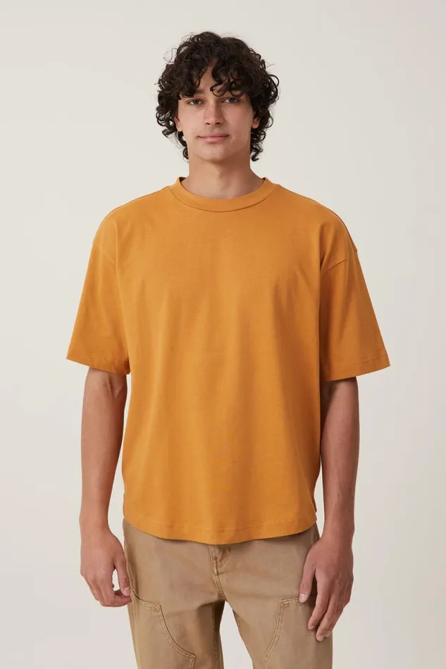 Men Tees and Tanks Cotton On Box Fit Scooped Hem TShirt Buckskin Gold