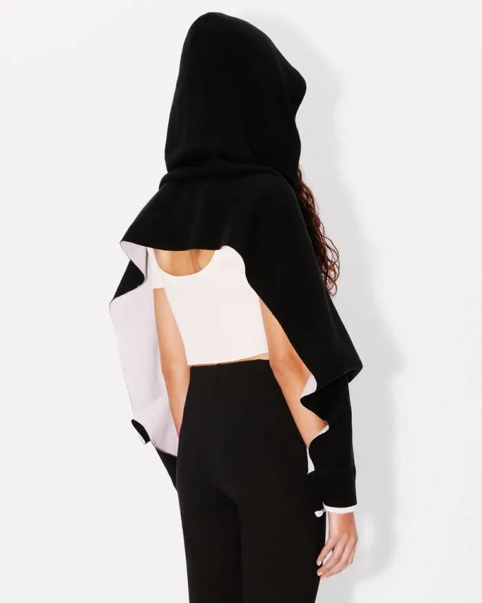 MenWomen 039Boke Flower 20039 Hooded Scarf In Wool And Cotton Black Kenzo Scarves