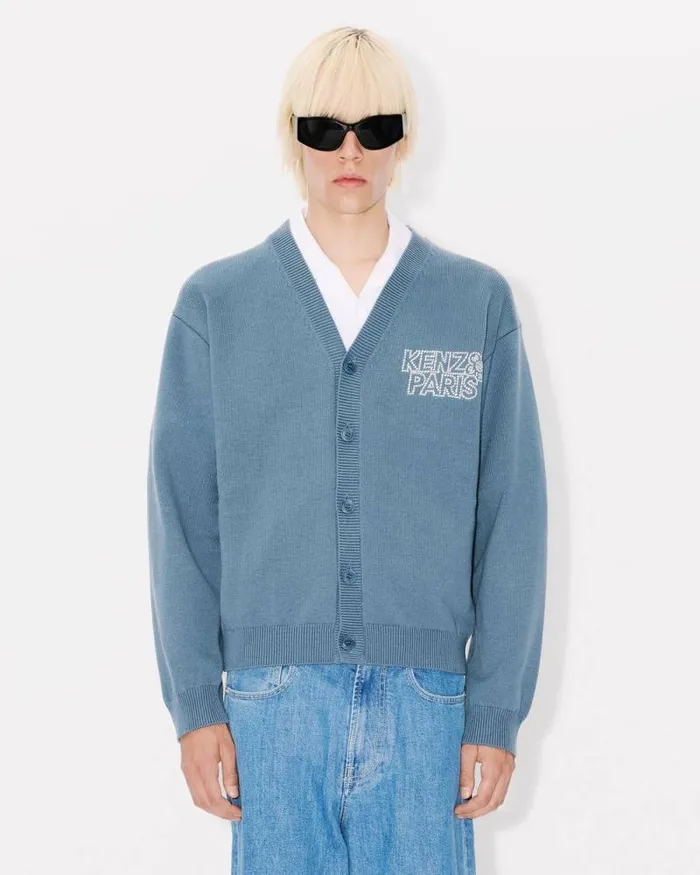 MenWomen 039KENZO Constellation039 Genderless Embroidered Cardigan In Wool And Cotton Blue Kenzo Sweaters And Cardigans