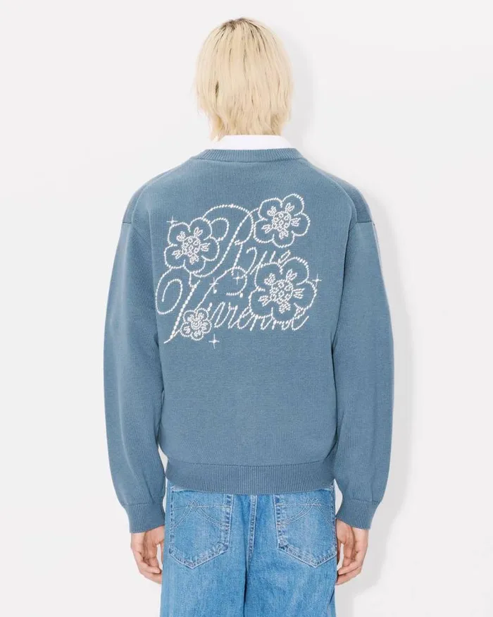 MenWomen 039KENZO Constellation039 Genderless Embroidered Cardigan In Wool And Cotton Blue Kenzo Sweaters And Cardigans