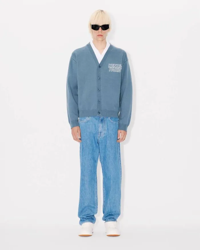 MenWomen 039KENZO Constellation039 Genderless Embroidered Cardigan In Wool And Cotton Blue Kenzo Sweaters And Cardigans
