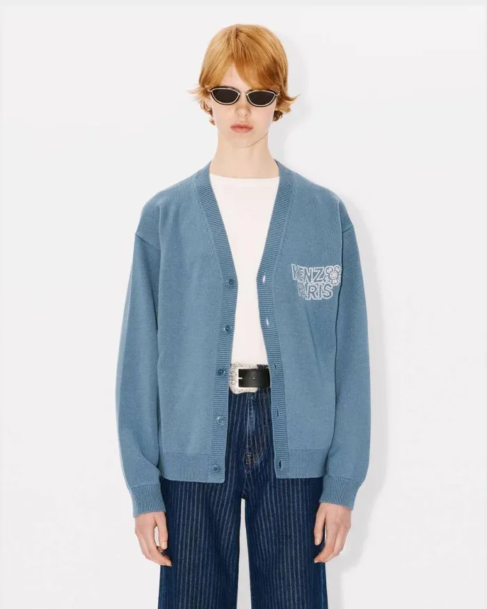 MenWomen 039KENZO Constellation039 Genderless Embroidered Cardigan In Wool And Cotton Blue Kenzo Sweaters And Cardigans