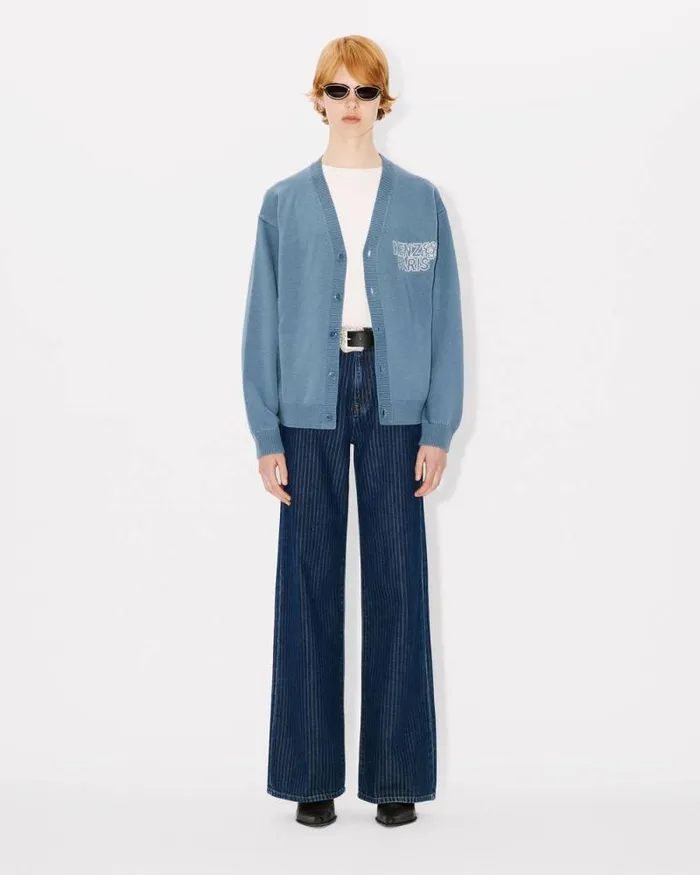 MenWomen 039KENZO Constellation039 Genderless Embroidered Cardigan In Wool And Cotton Blue Kenzo Sweaters And Cardigans