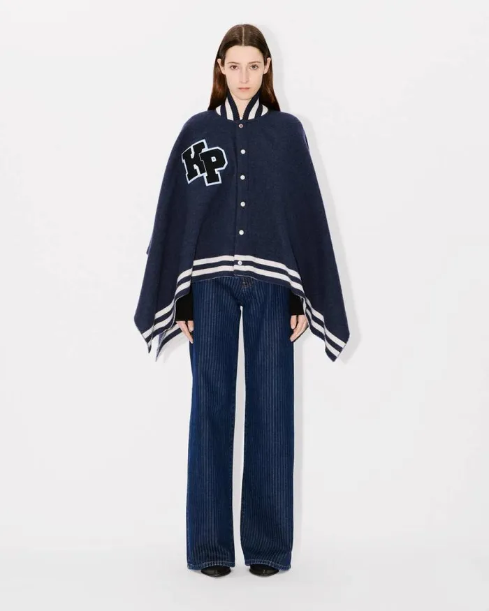 MenWomen 039KENZO Stamp039 Poncho In Wool Midnight Blue Kenzo Jackets And Coats