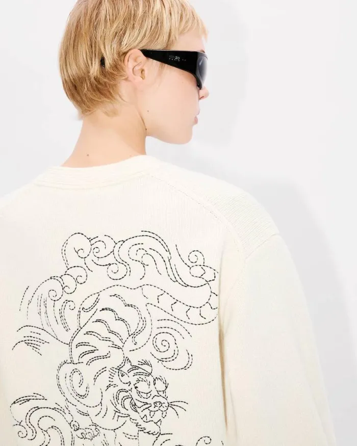 MenWomen 039KENZO Star Tiger039 Genderless Embroidered Cardigan In Wool Off White Kenzo Sweaters And Cardigans