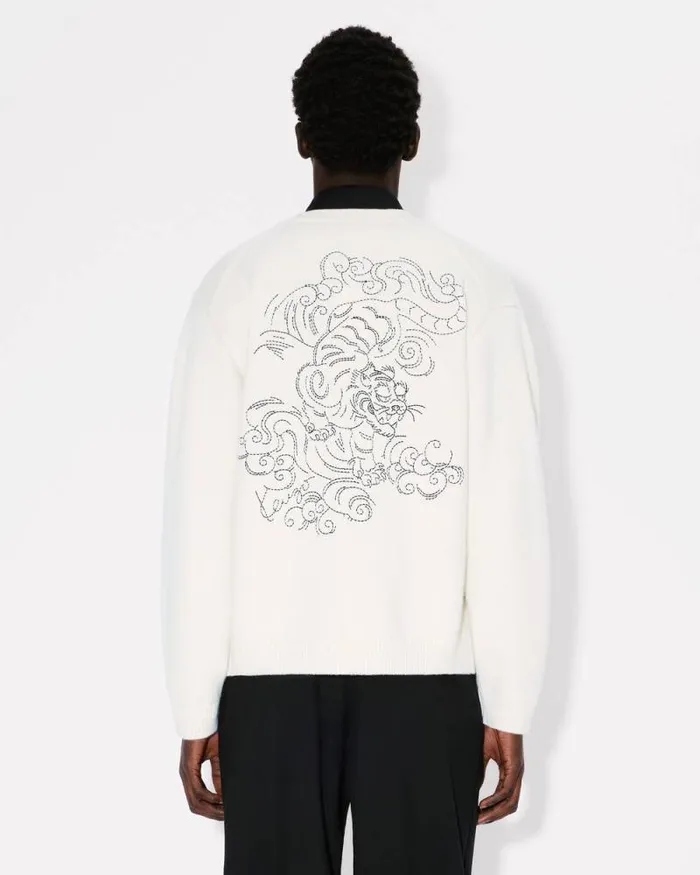 MenWomen 039KENZO Star Tiger039 Genderless Embroidered Cardigan In Wool Off White Kenzo Sweaters And Cardigans