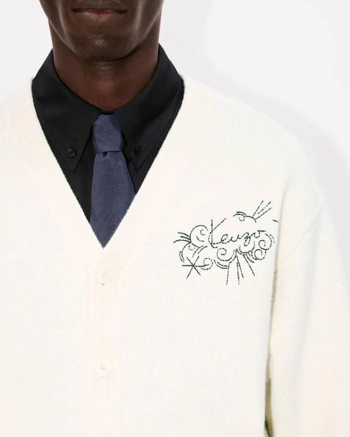 MenWomen 039KENZO Star Tiger039 Genderless Embroidered Cardigan In Wool Off White Kenzo Sweaters And Cardigans