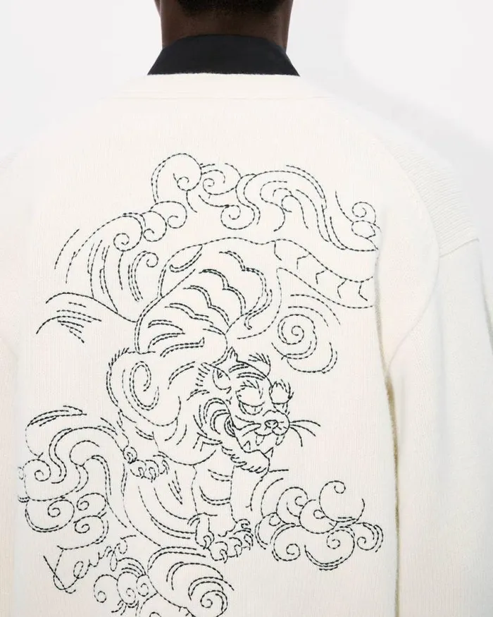 MenWomen 039KENZO Star Tiger039 Genderless Embroidered Cardigan In Wool Off White Kenzo Sweaters And Cardigans