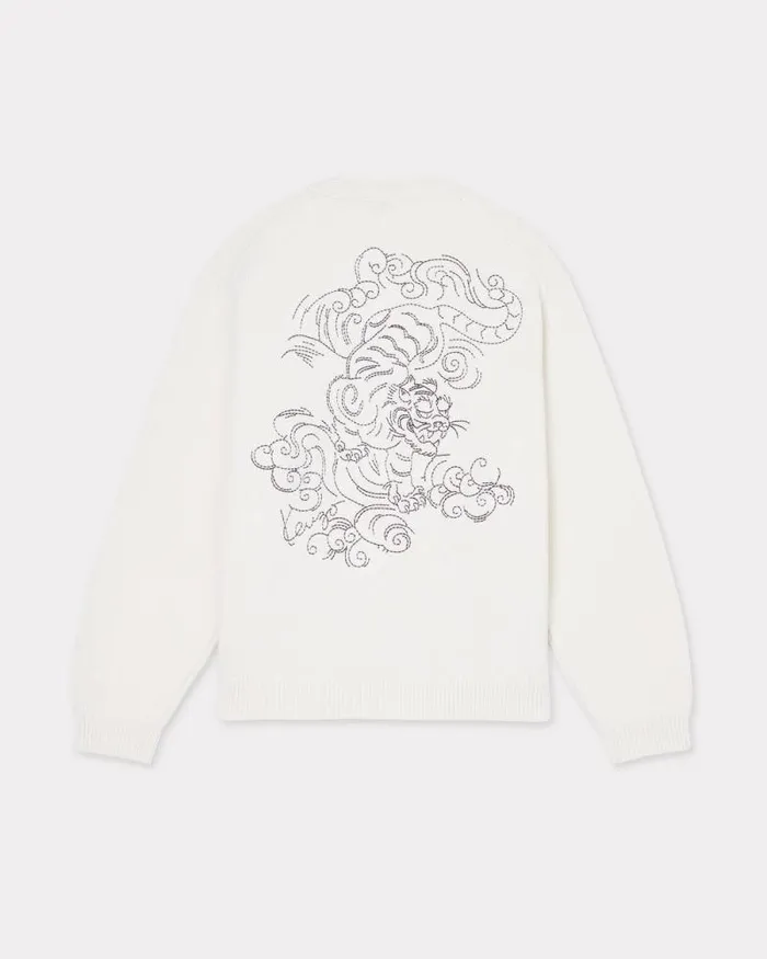 MenWomen 039KENZO Star Tiger039 Genderless Embroidered Cardigan In Wool Off White Kenzo Sweaters And Cardigans
