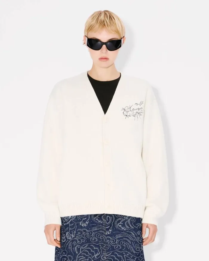 MenWomen 039KENZO Star Tiger039 Genderless Embroidered Cardigan In Wool Off White Kenzo Sweaters And Cardigans
