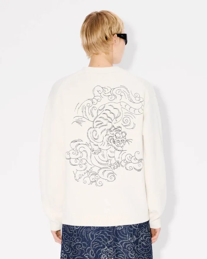 MenWomen 039KENZO Star Tiger039 Genderless Embroidered Cardigan In Wool Off White Kenzo Sweaters And Cardigans