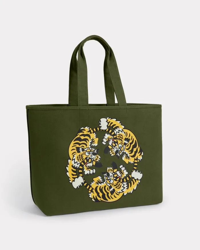MenWomen 039KENZO VERDY MARKET039 Reversible Large Tote Bag In Canvas Khaki Kenzo Bags