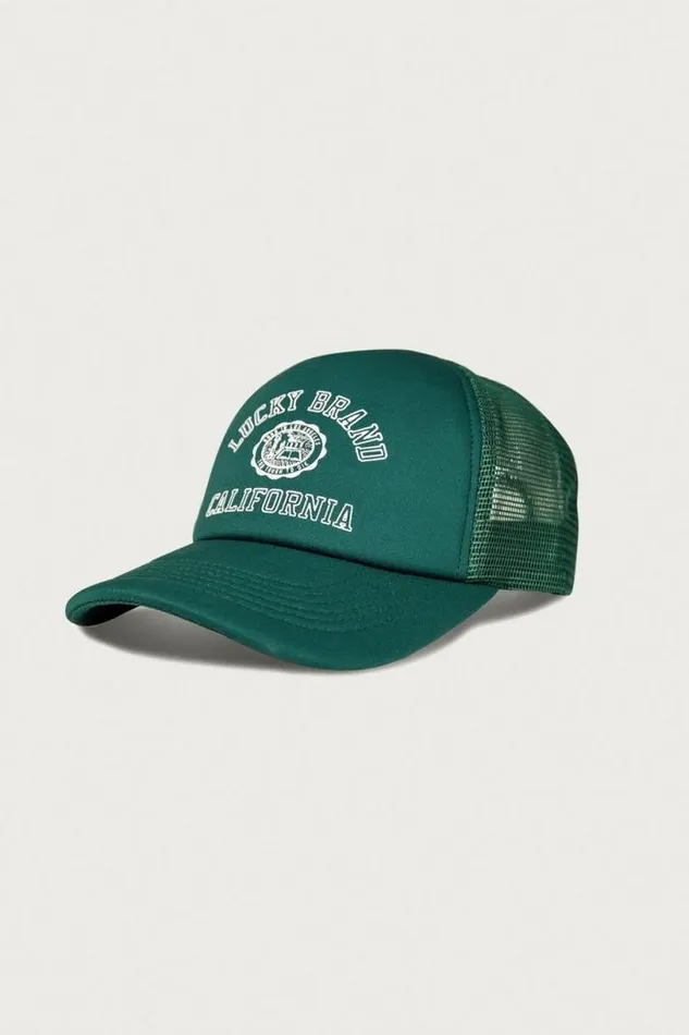 MenWomen Lucky Brand Hats Lucky Collegiate Trucker Hat Dark Green