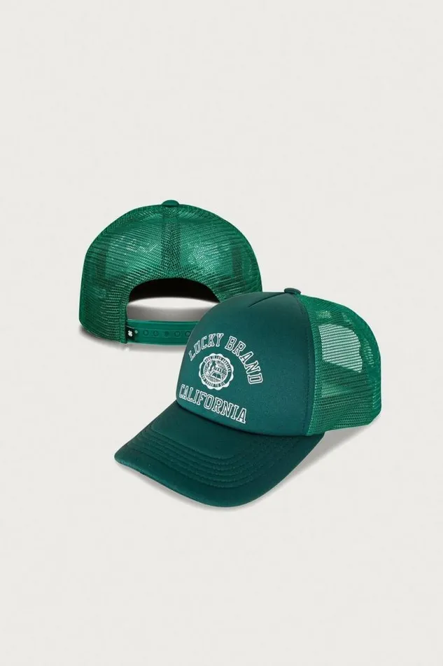 MenWomen Lucky Brand Hats Lucky Collegiate Trucker Hat Dark Green