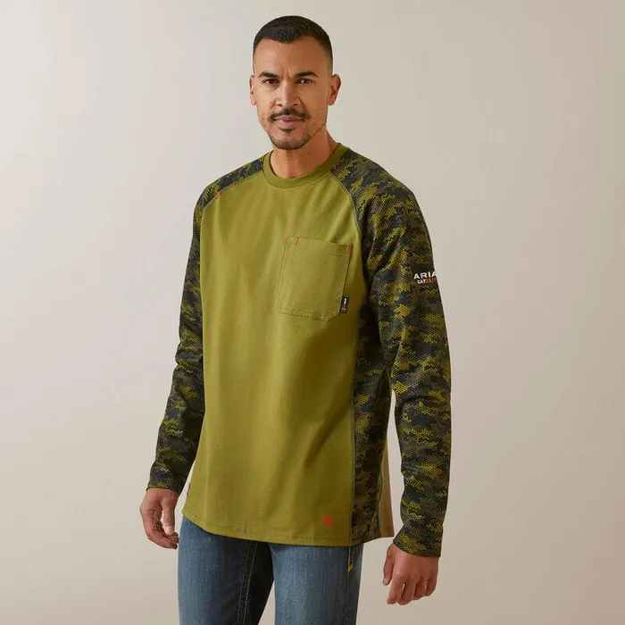 Men Workwear Ariat FR AC Stretch Camo Baseball TShirt Avocadoand Camo