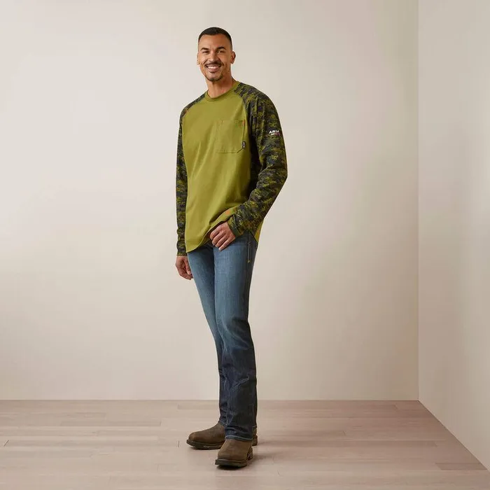 Men Workwear Ariat FR AC Stretch Camo Baseball TShirt Avocadoand Camo Men Workwear Ariat FR AC Stretch Camo Baseball TShirt Avocadoand Camo