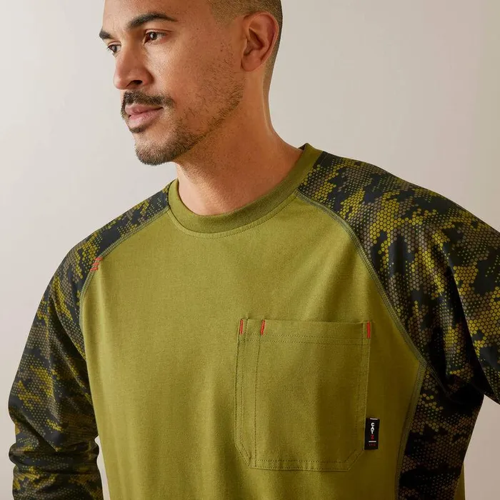 Men Workwear Ariat FR AC Stretch Camo Baseball TShirt Avocadoand Camo Men Workwear Ariat FR AC Stretch Camo Baseball TShirt Avocadoand Camo