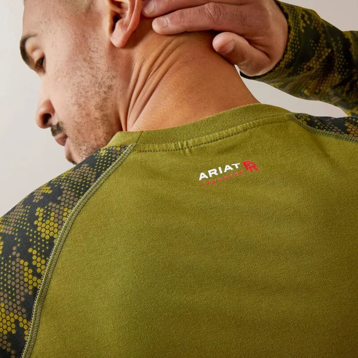 Men Workwear Ariat FR AC Stretch Camo Baseball TShirt Avocadoand Camo Men Workwear Ariat FR AC Stretch Camo Baseball TShirt Avocadoand Camo