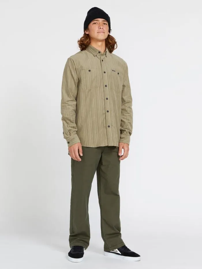 Mens Shirts and Flannels Volcom Entertainment Fat Tony Woven Long Sleeve Shirt 8211 Khaki