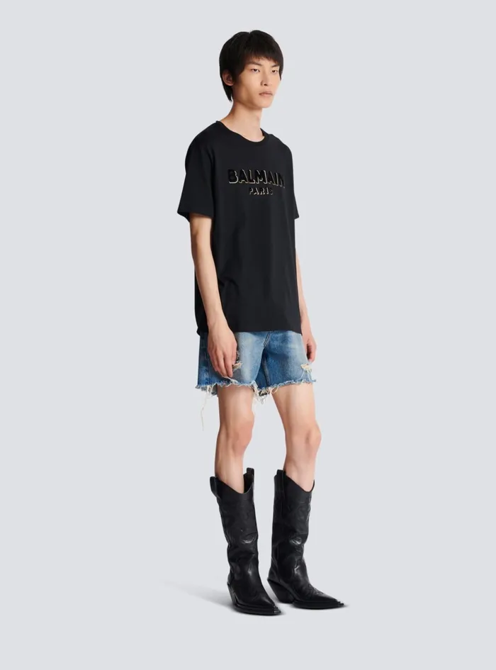 Metallic Flocked Tshirt Gold Men Balmain TShirts