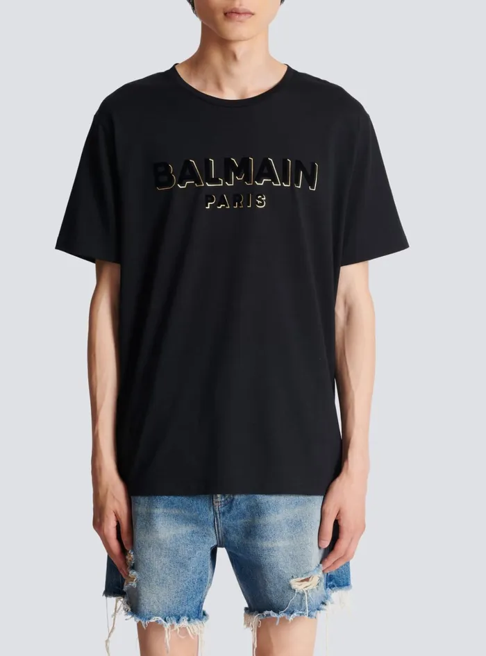 Metallic Flocked Tshirt Gold Men Balmain TShirts
