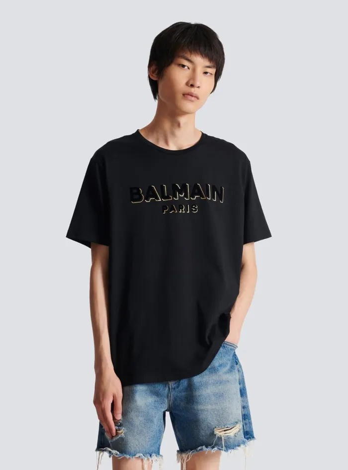 Metallic Flocked Tshirt Gold Men Balmain TShirts