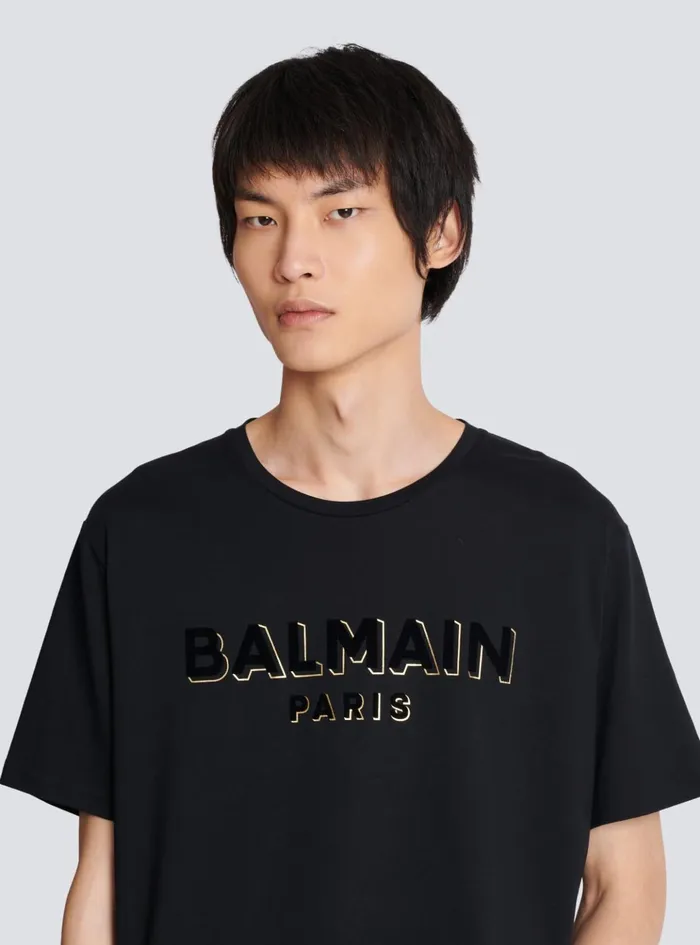 Metallic Flocked Tshirt Gold Men Balmain TShirts