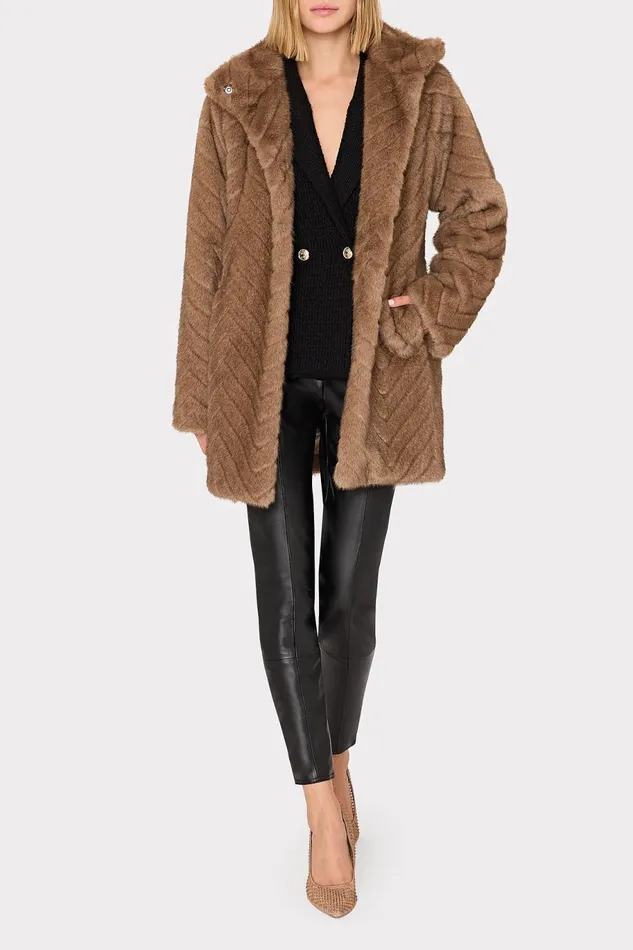 Milly Amia Chevron Faux Fur Coat Brown Women Coats and Jackets