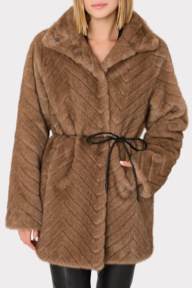 Milly Amia Chevron Faux Fur Coat Brown Women Coats and Jackets