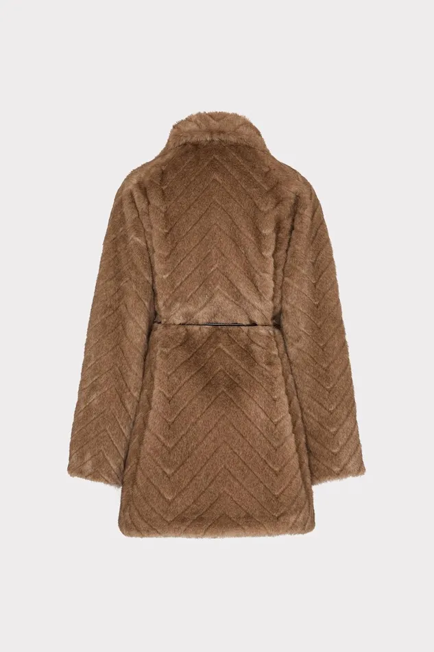 Milly Amia Chevron Faux Fur Coat Brown Women Coats and Jackets