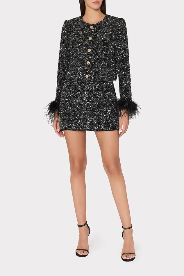 Milly Beaded Tweed Modern Mini Skirt Black Women Matching Sets